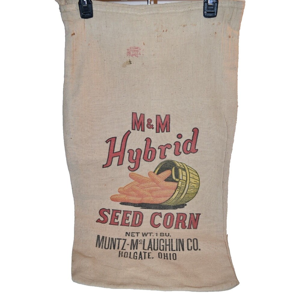 Vtg M &M Hybrid Seed Corn Sack Muntz  McLaughlin HOLGATE OHIO farmhouse decor